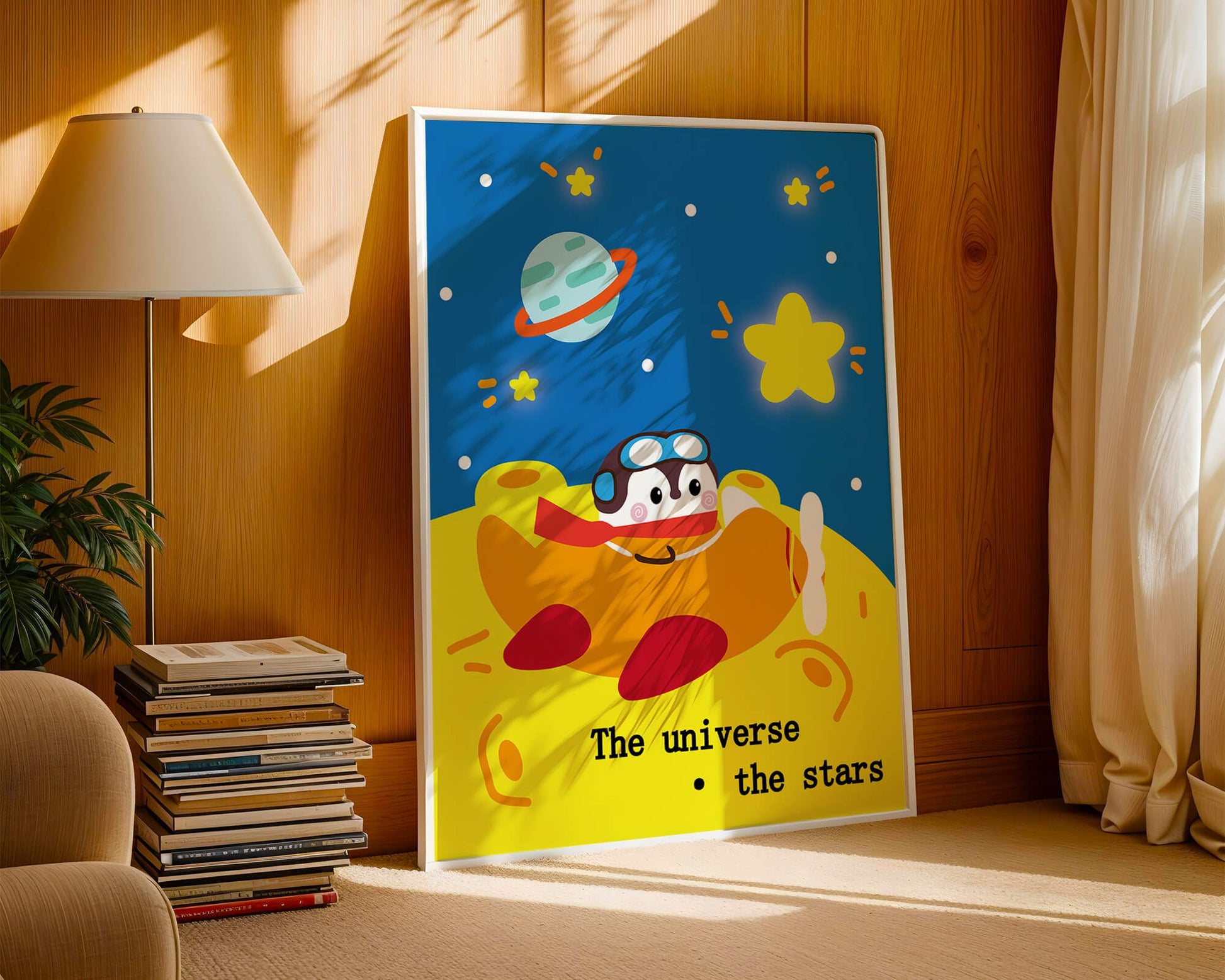Colorful cartoon airplane with stars and planets in space