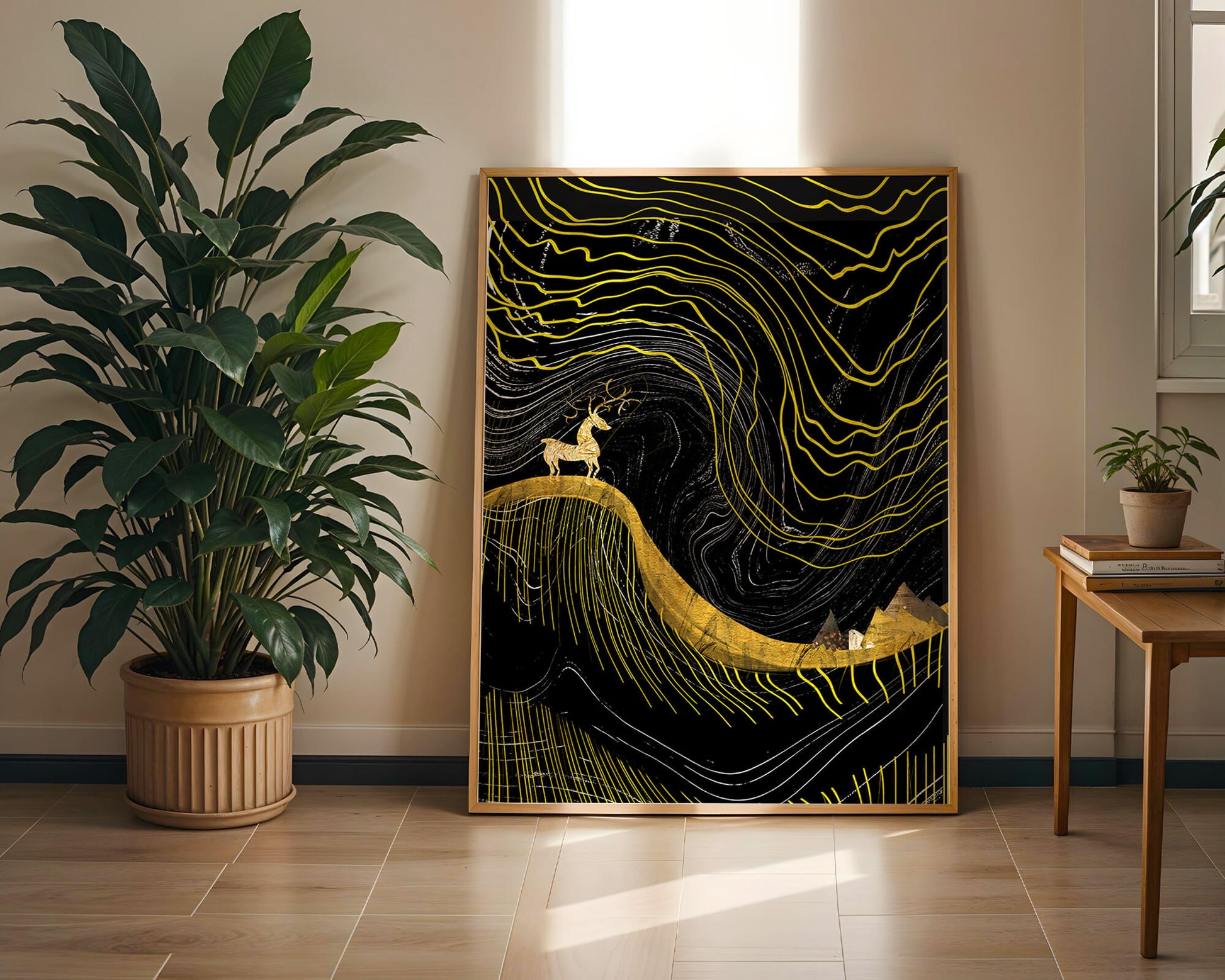 Ciervo dorado y paisaje montañoso abstracto con líneas onduladas
