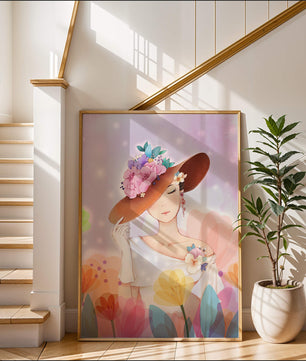Mujer elegante con sombrero floral entre flores coloridas