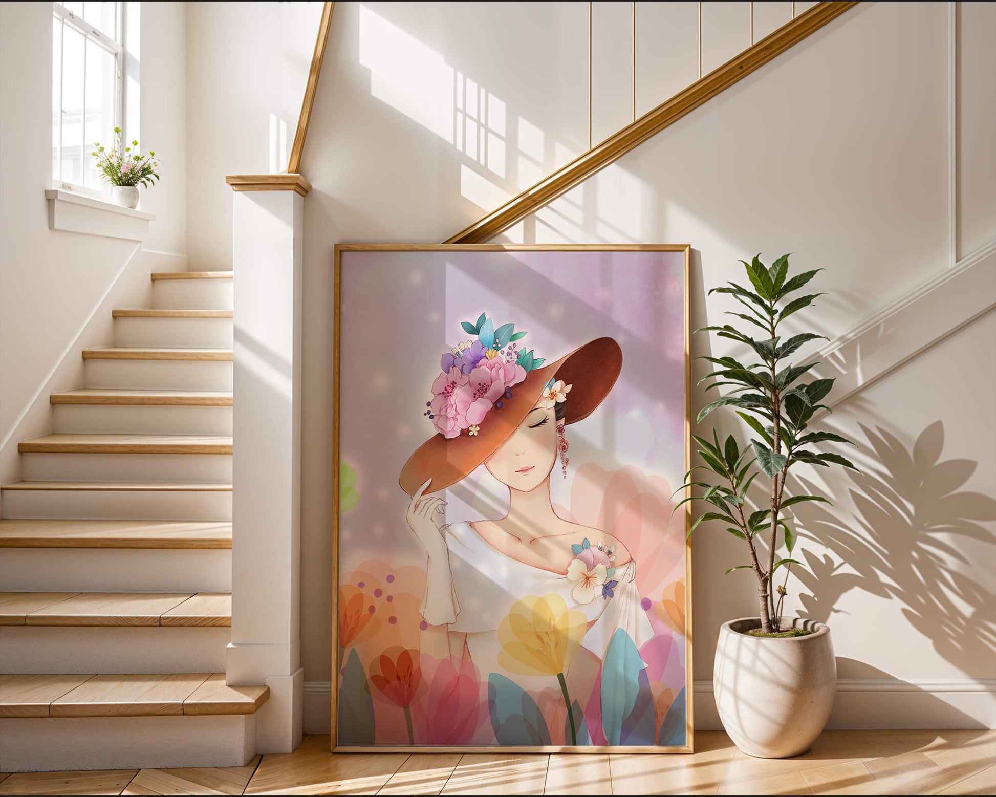 Mujer elegante con sombrero floral entre flores de colores