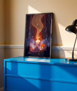 Magical forest scene with lantern and glowing hair