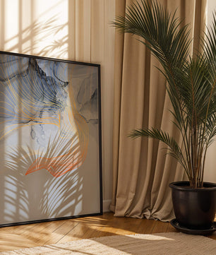 Elegantes abstraktes Design mit fließenden goldenen und orangefarbenen Linien auf blauem Hintergrund