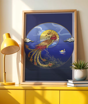 Phénix doré aux plumes éclatantes dans un décor marin mystique