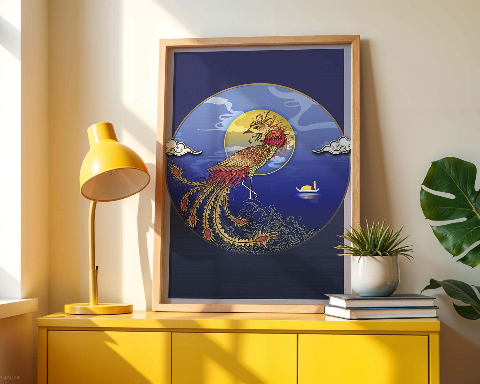Golden Phoenix with Vibrant Feathers in Mystical Sea Setting
