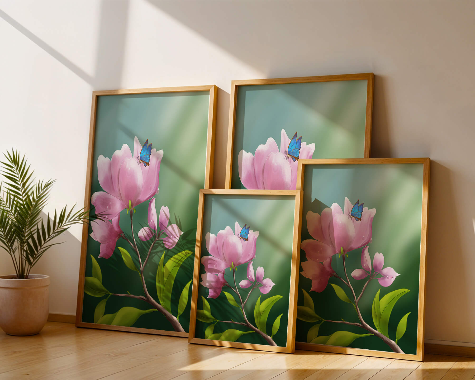 Delicate pink flower with a vibrant blue butterfly in a serene garden setting
