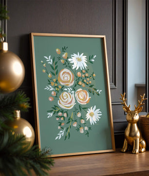Floral illustration with roses and daisies on green background