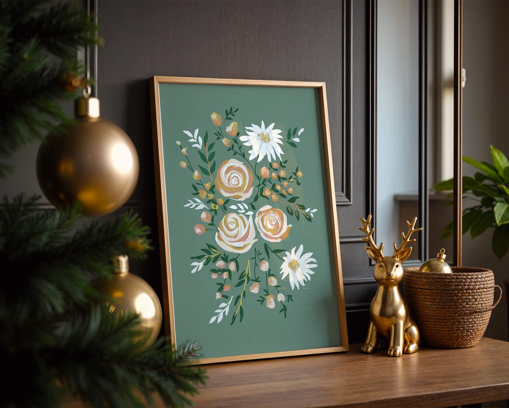 Floral illustration with roses and daisies on green background