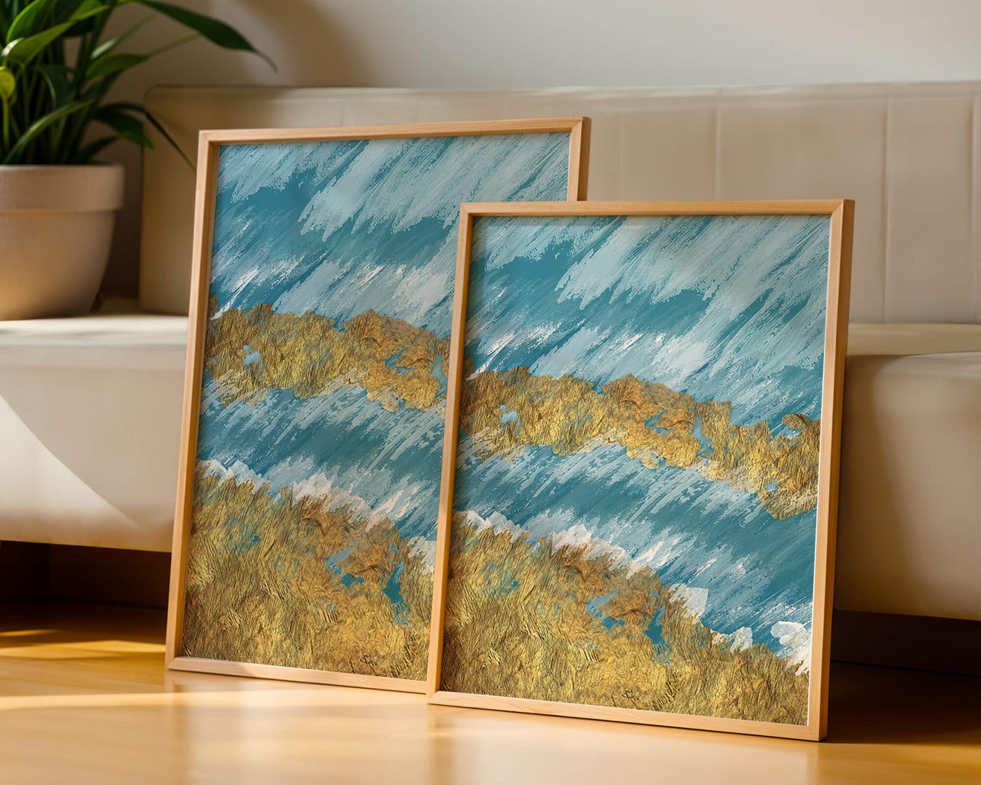 Abstract painting with gold texture and blue background