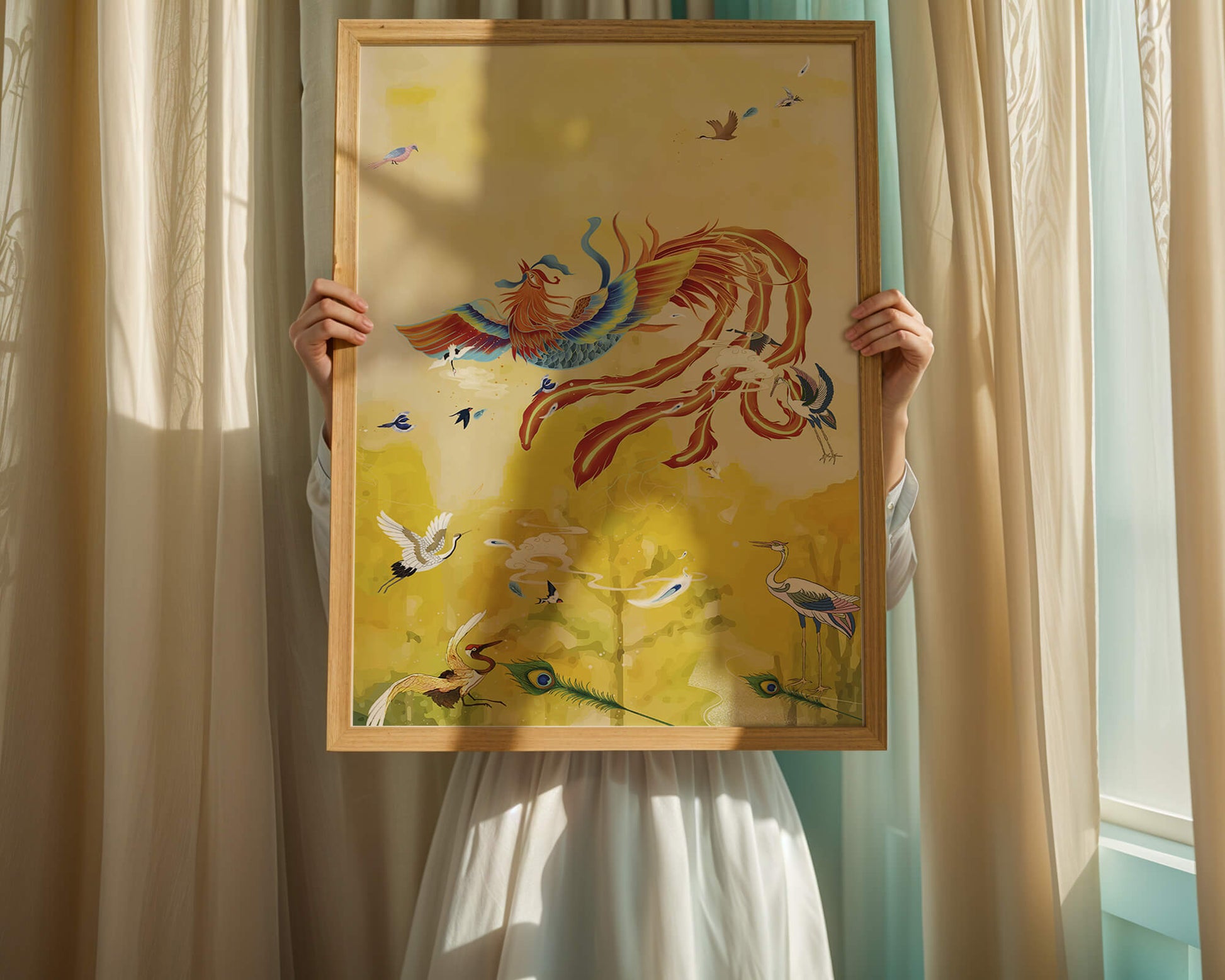 Colorful mystical bird with vivid feathered companions in a vibrant sky