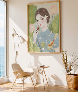 Elegant Woman in Traditional Dress with Lotus and Koi Fish - Mi tienda