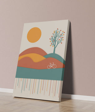 Abstract landscape with bicycle and tree in vibrant colors