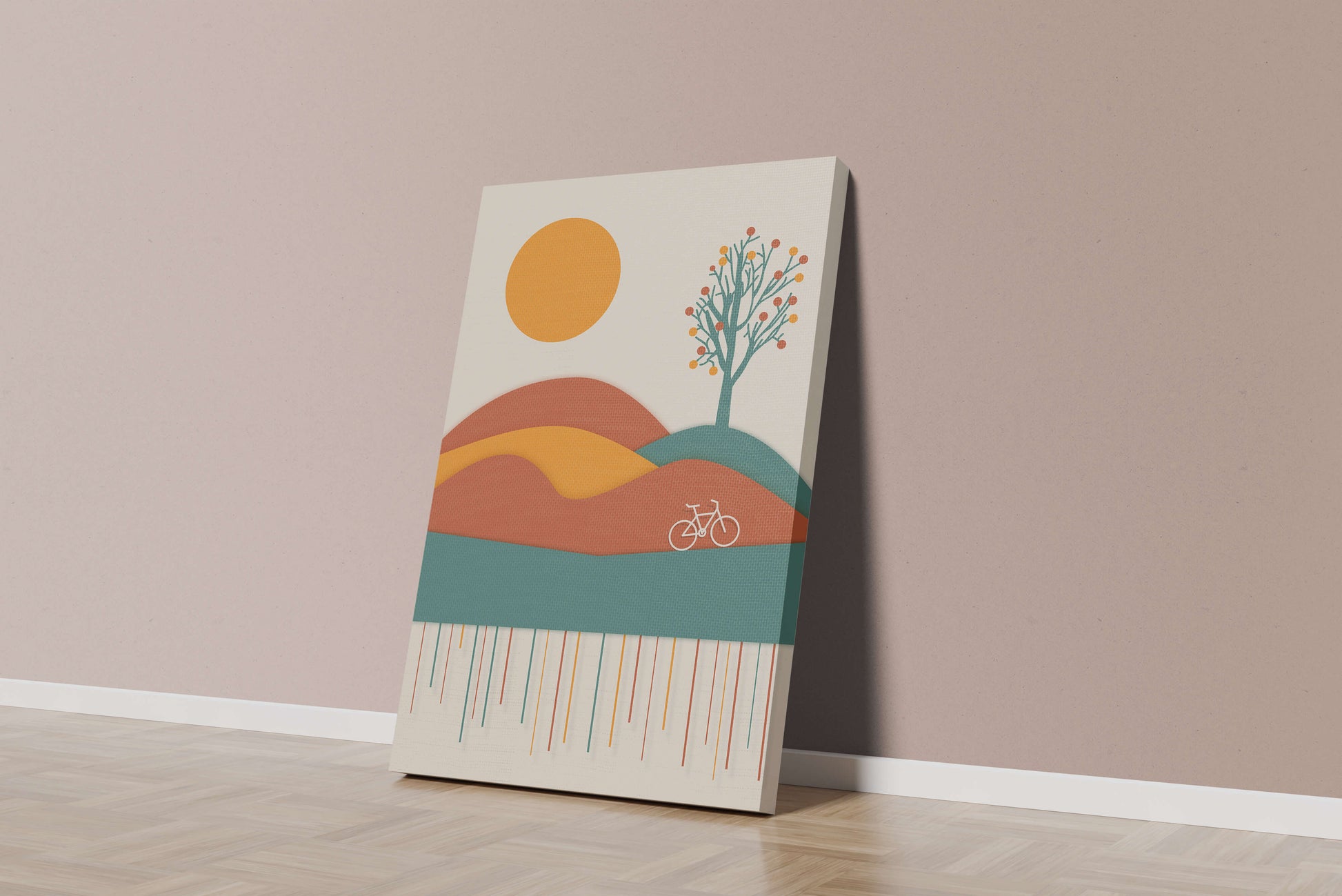 Abstract landscape with bicycle and tree in vibrant colors