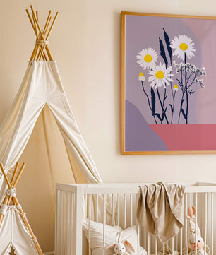 Illustrative floral artwork with daisies and abstract background