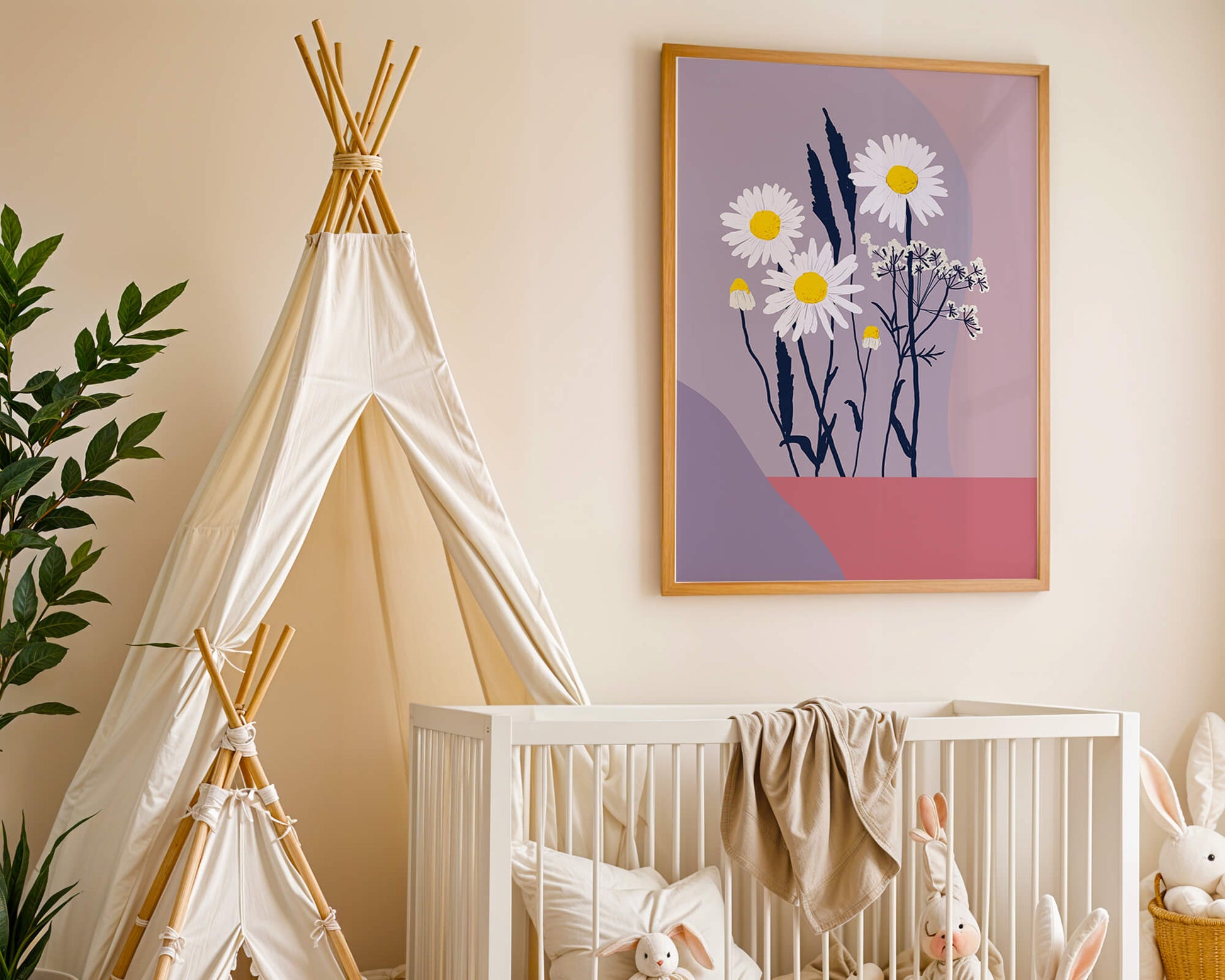 Illustrative floral artwork with daisies and abstract background