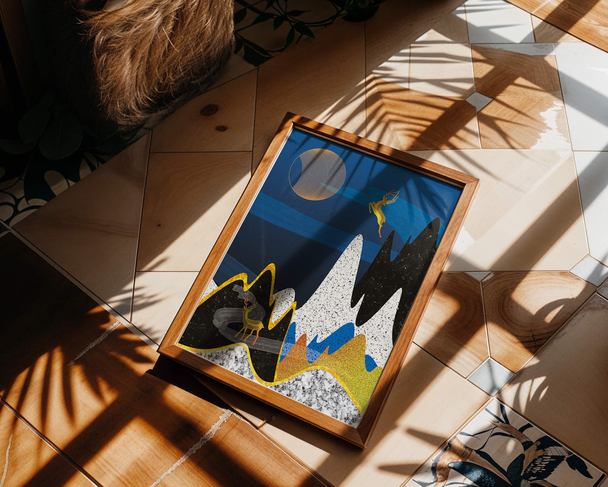 Abstract Landscape with Golden Deer and Surreal Moon