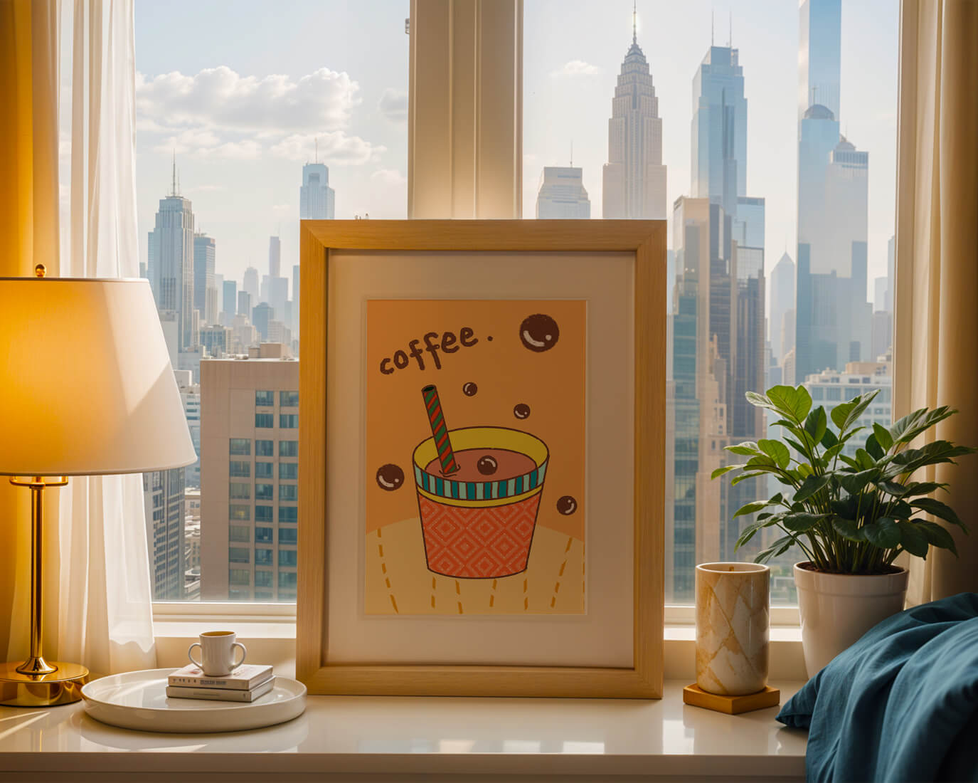 Colorful coffee cup illustration with bubbles and straw