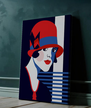 Femme élégante de style art déco avec chapeau cloche rouge et motifs géométriques
