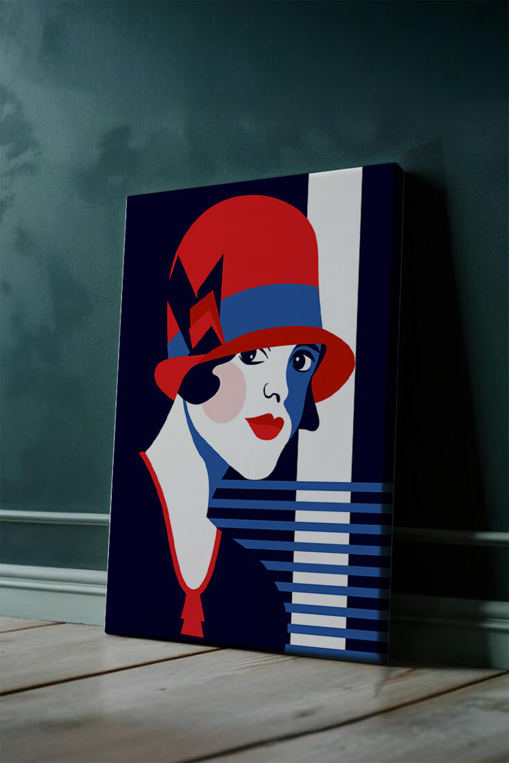 Elegante mujer de estilo art déco con sombrero cloche rojo y patrones geométricos.