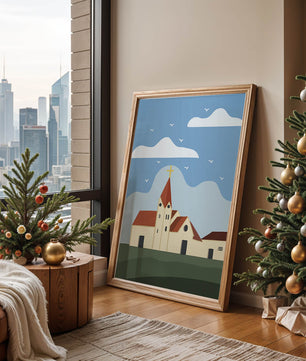 Idyllic Church Landscape with Golden Cross and Blue Sky