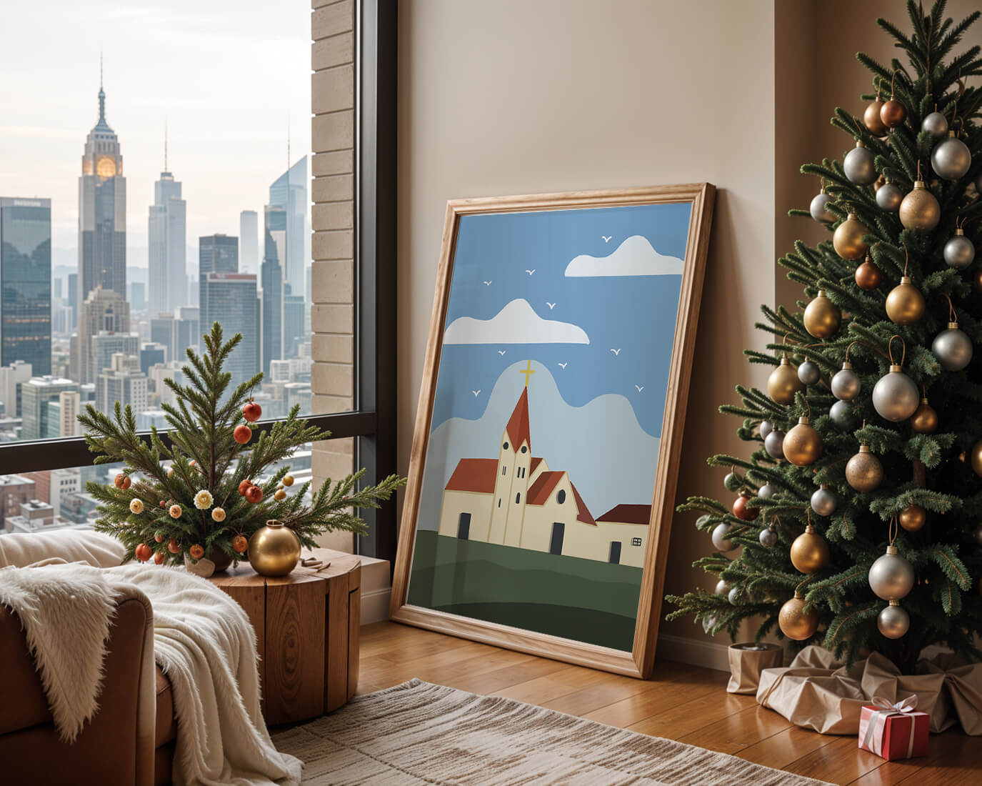 Paisaje idílico de iglesia con cruz dorada y cielo azul