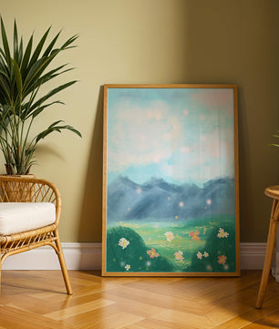 Serene Landscape with Blooming Flowers and Majestic Mountains