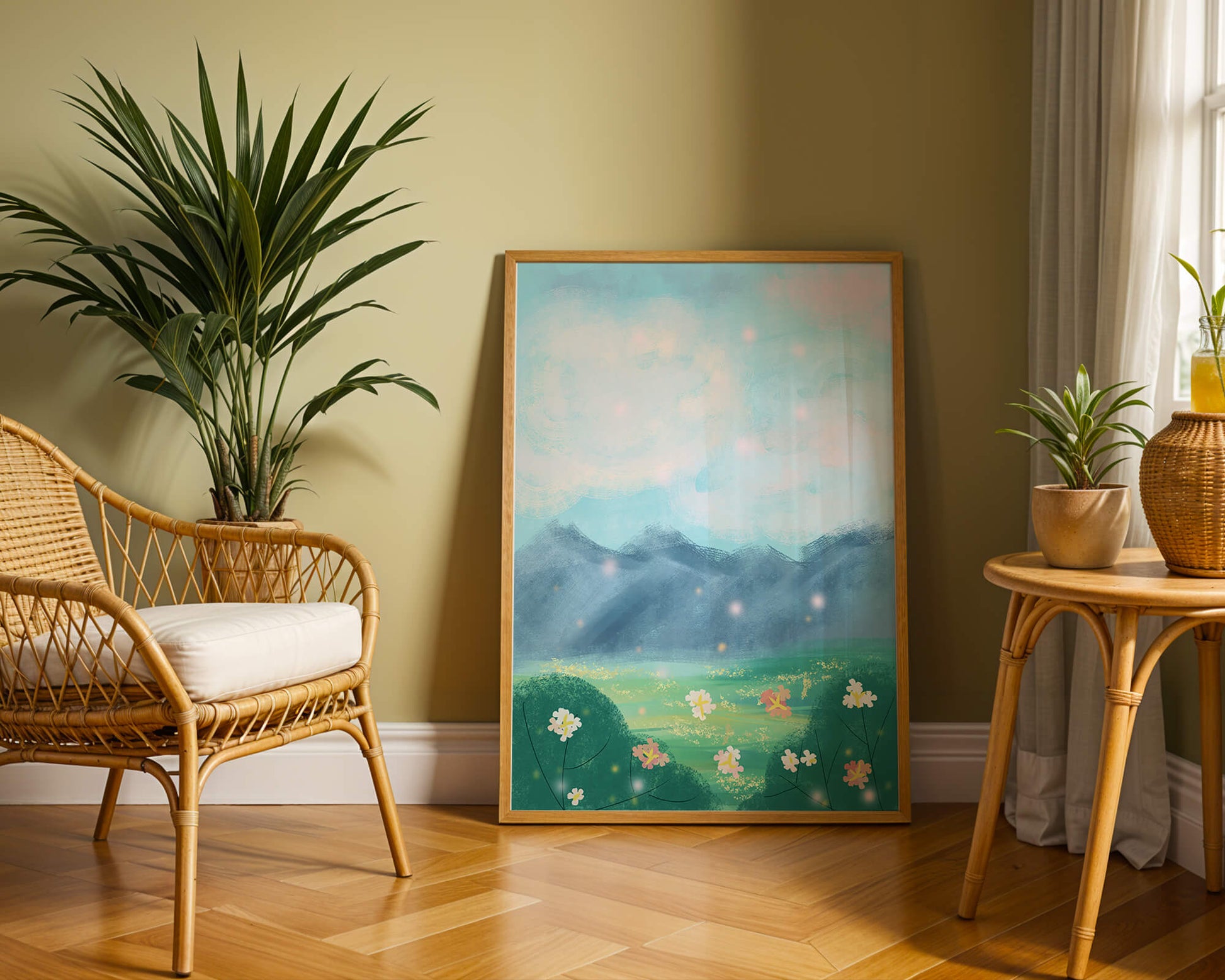 Serene Landscape with Blooming Flowers and Majestic Mountains