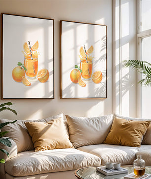 Illustration of a refreshing orange juice with fresh oranges and splash