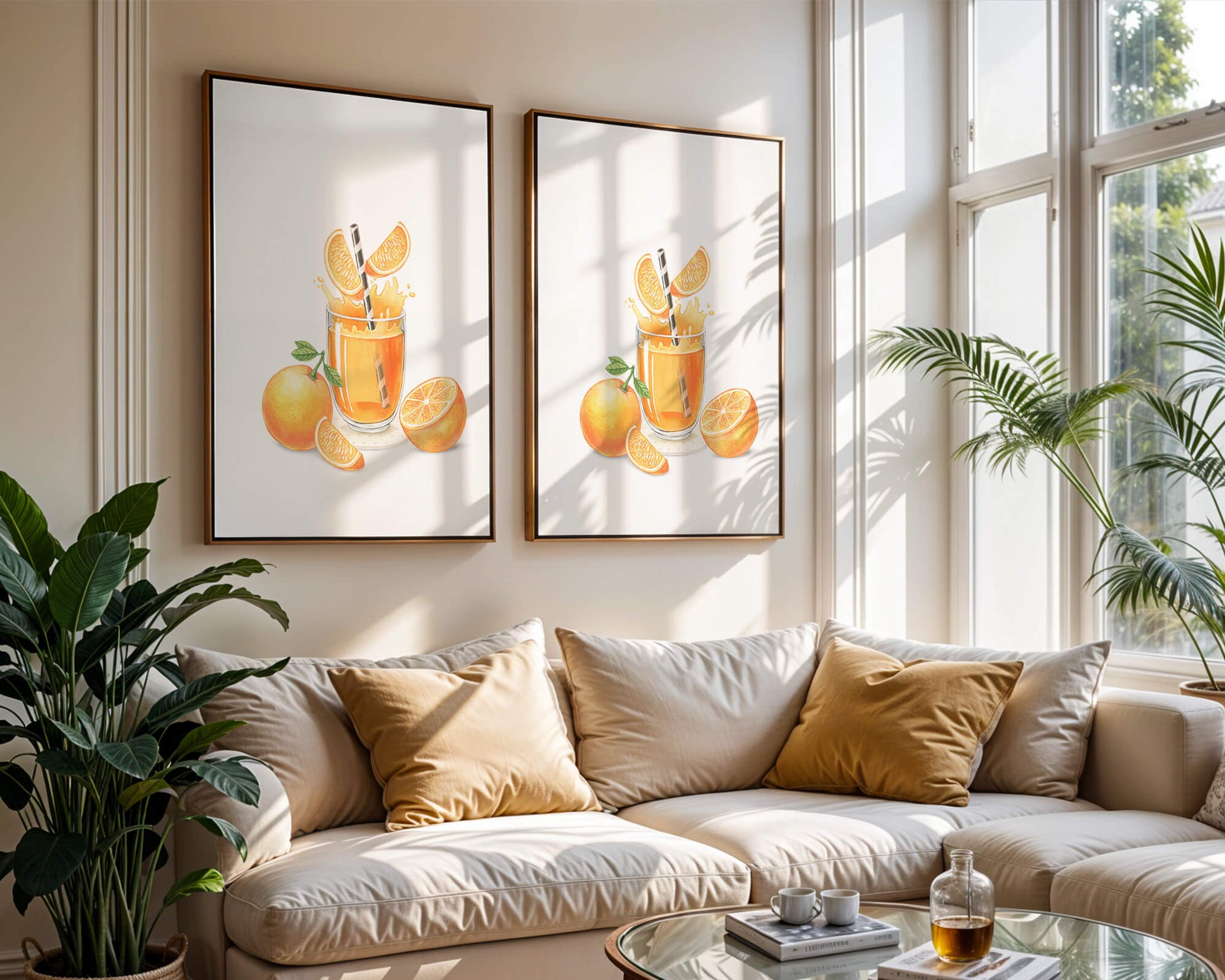 Illustration of a refreshing orange juice with fresh oranges and splash