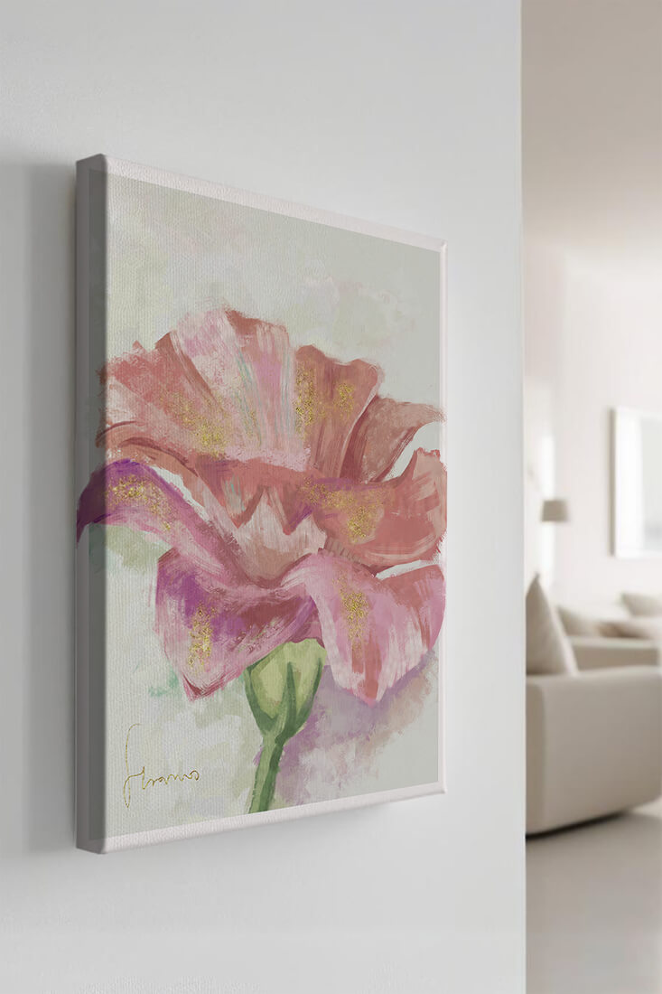 Vibrant pink flower with golden accents in abstract style