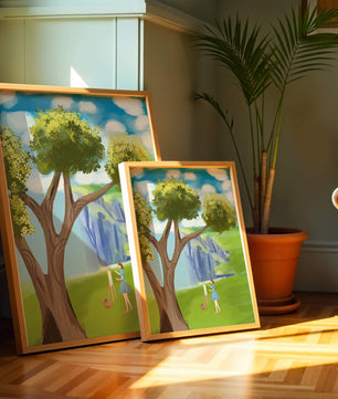 Young woman painting near a tree by a waterfall with a vibrant sky