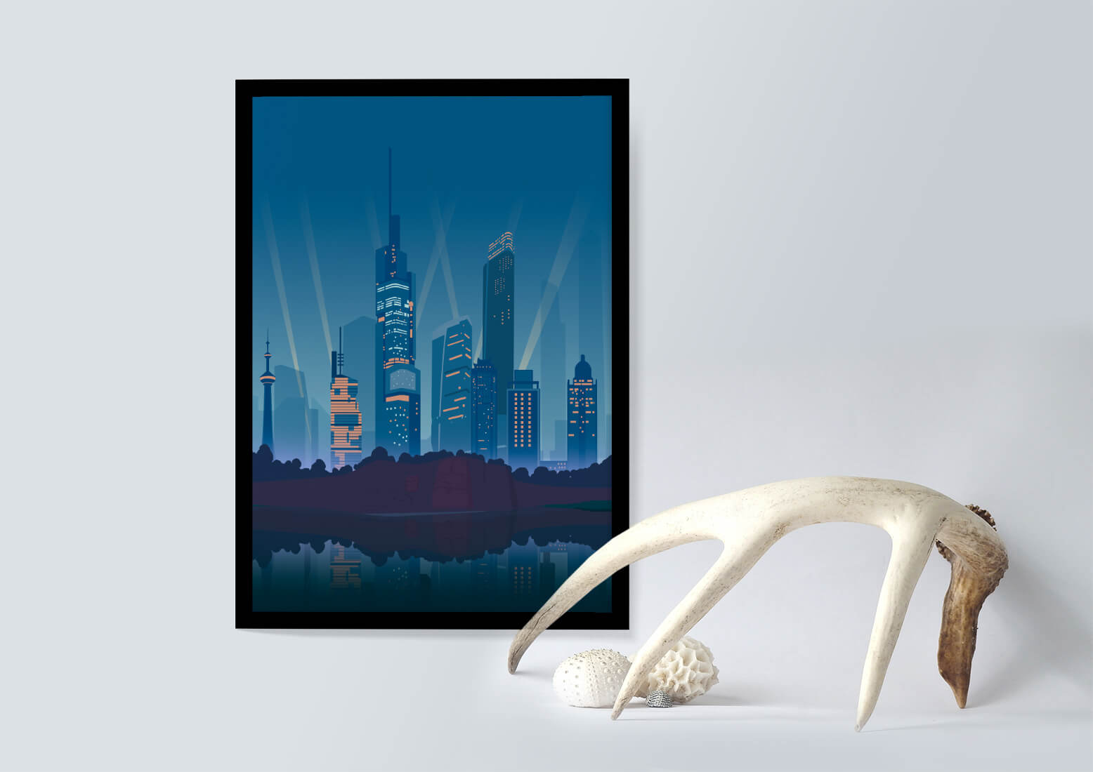 Modern cityscape with illuminated skyscrapers reflecting on water