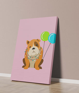 Perro de dibujos animados adorable con luces festivas y globos coloridos sobre fondo rosa
