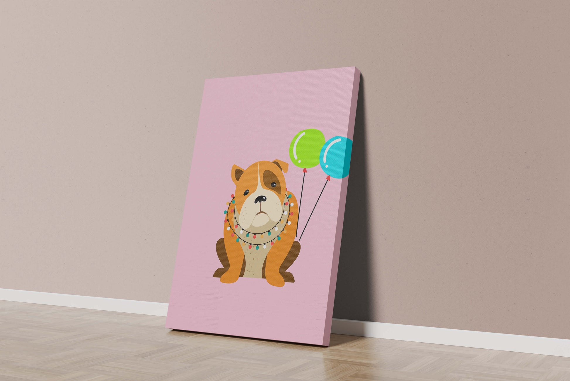Perro de dibujos animados adorable con luces festivas y globos coloridos sobre fondo rosa