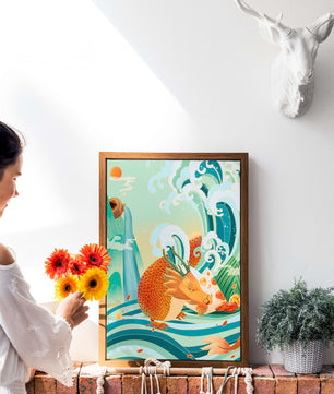 Dragon mythique au milieu de vagues stylisées et de montagnes aux couleurs vives
