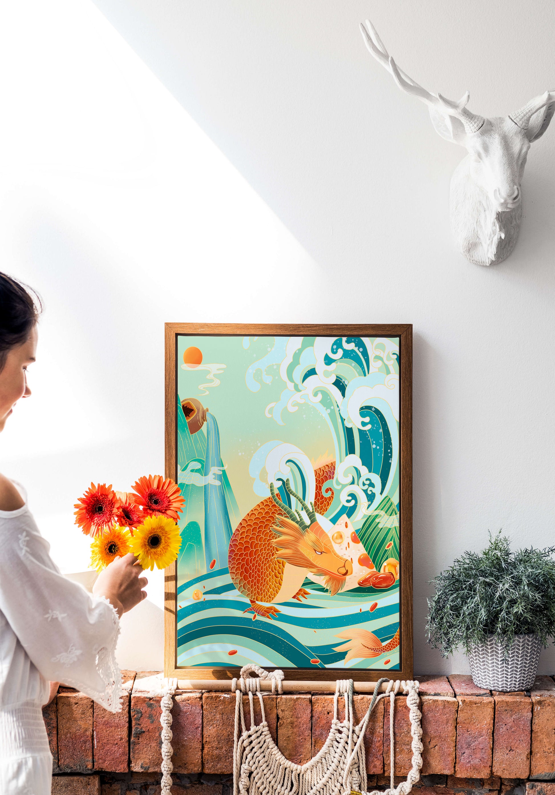 Mythical dragon amidst stylized waves and mountains in vibrant colors