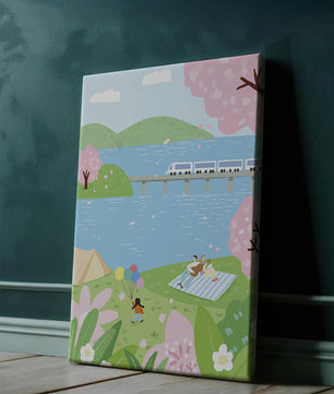Piknik Tepi Danau yang Damai dengan Bunga Sakura dan Kereta Api
