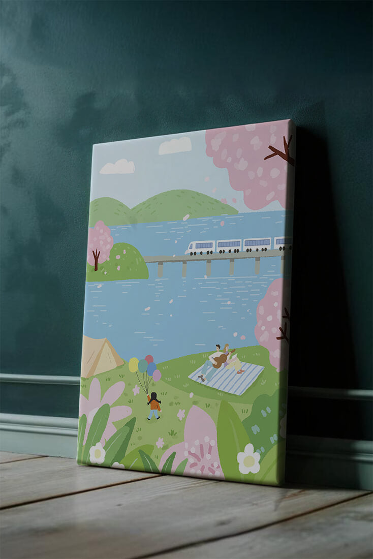 Piknik Tepi Danau yang Damai dengan Bunga Sakura dan Kereta Api