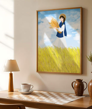 Young girl in a wheat field on a sunny day illustration