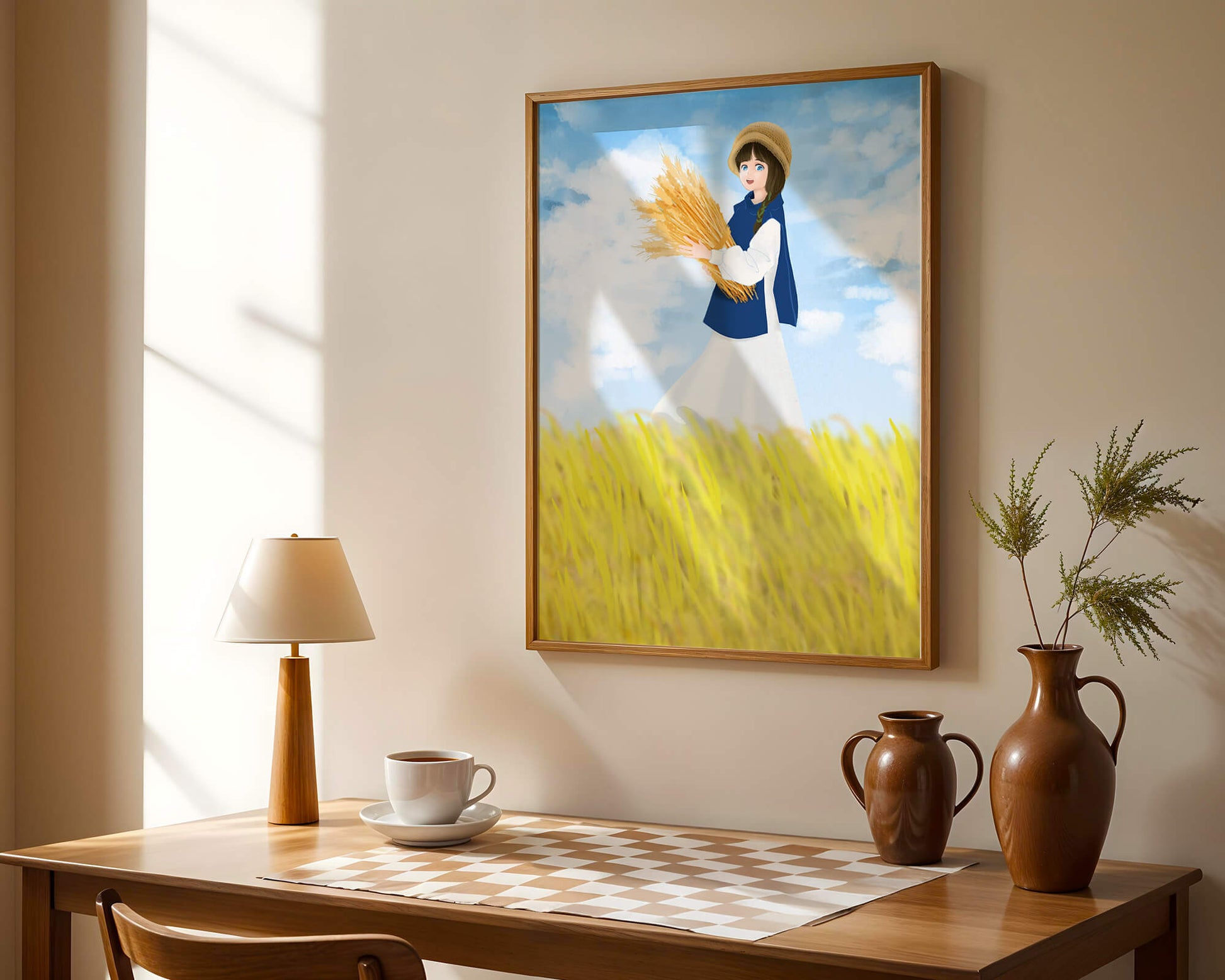Young girl in a wheat field on a sunny day illustration