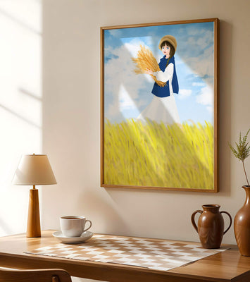 Young girl in a wheat field on a sunny day illustration