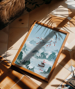 Chinese Landscape with Cherry Blossoms and Boat in Misty Mountains - Mi tienda