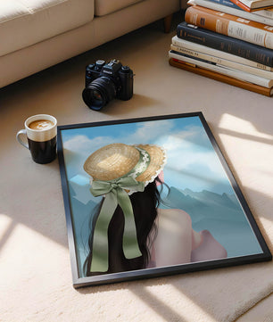 Woman with straw hat and mountain view under blue sky
