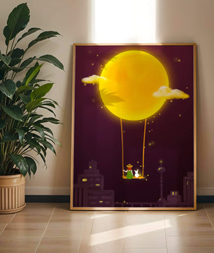 Whimsical night scene with a girl and a rabbit on a swing beneath a glowing moon