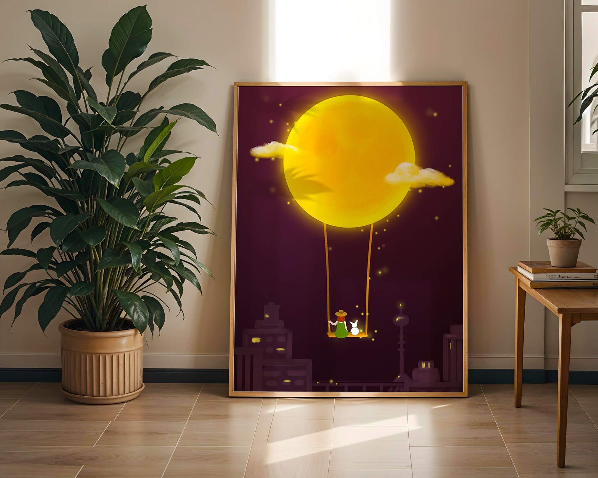 Whimsical night scene with a girl and a rabbit on a swing beneath a glowing moon