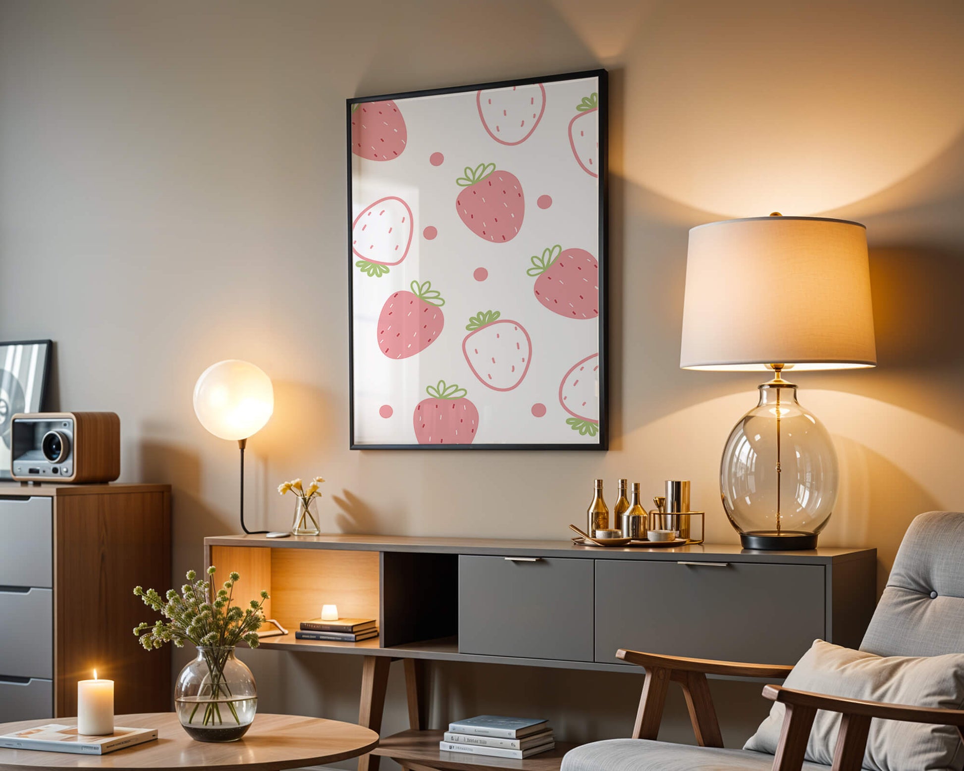 Playful strawberry pattern with pink and white design