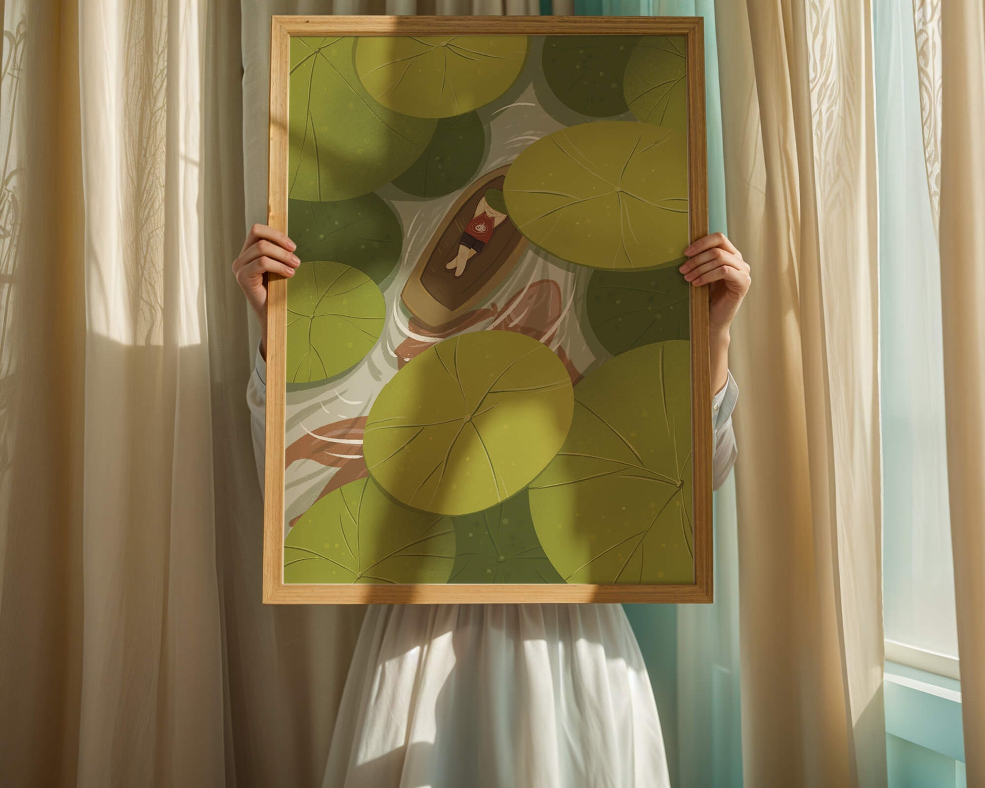 Person in boat among lush green lily pads
