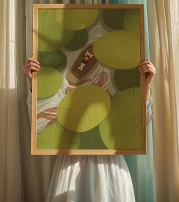 Person in boat among lush green lily pads