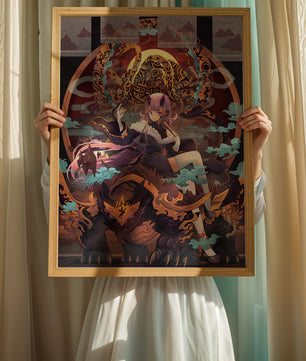Fantasy character with mythical beast in vibrant illustration
