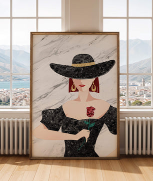 Elegante Frau mit stilvollem schwarzen Hut und roter Rose