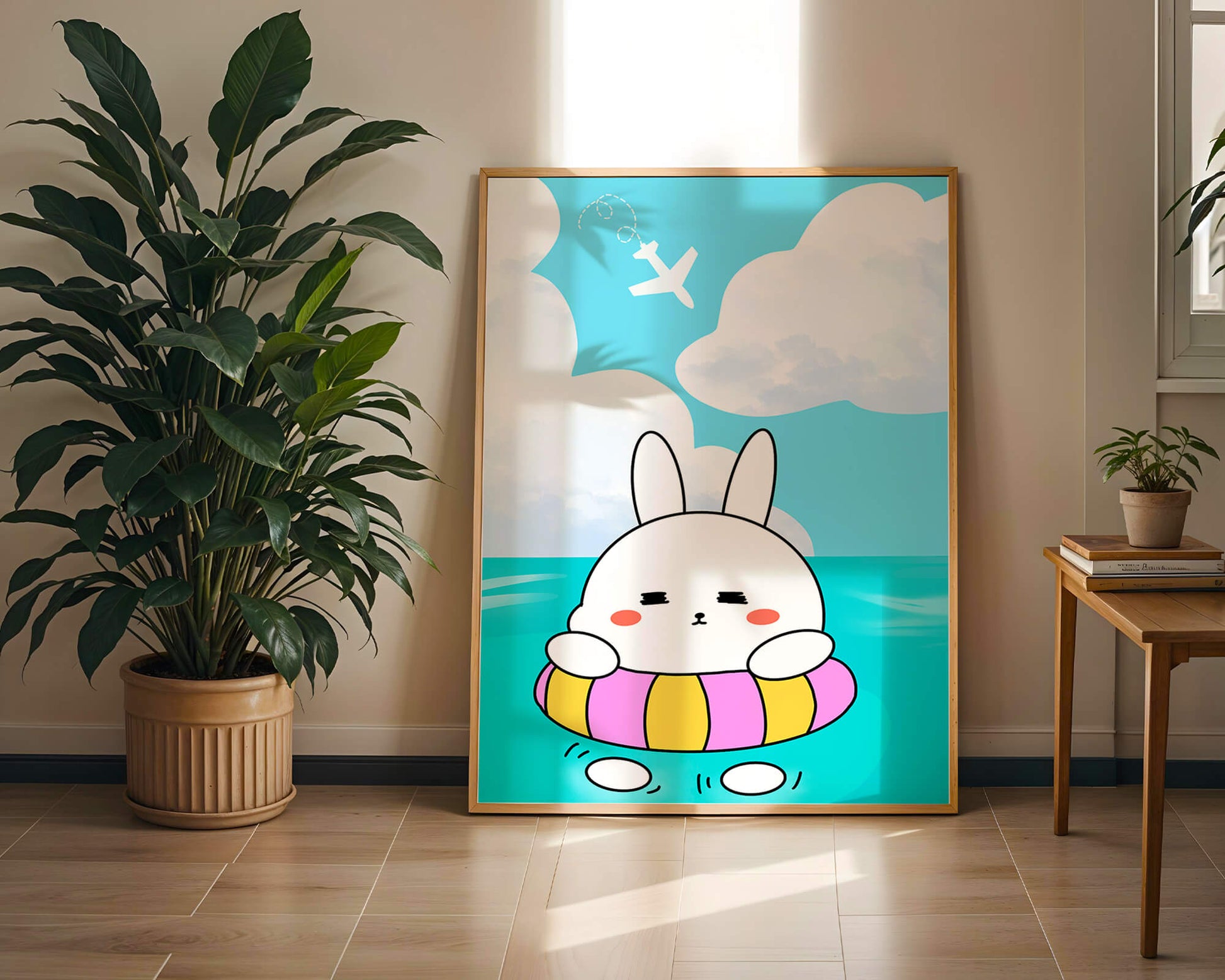 Illustration of a cute bunny floating on a colorful inflatable in a blue ocean under a bright sky with an airplane